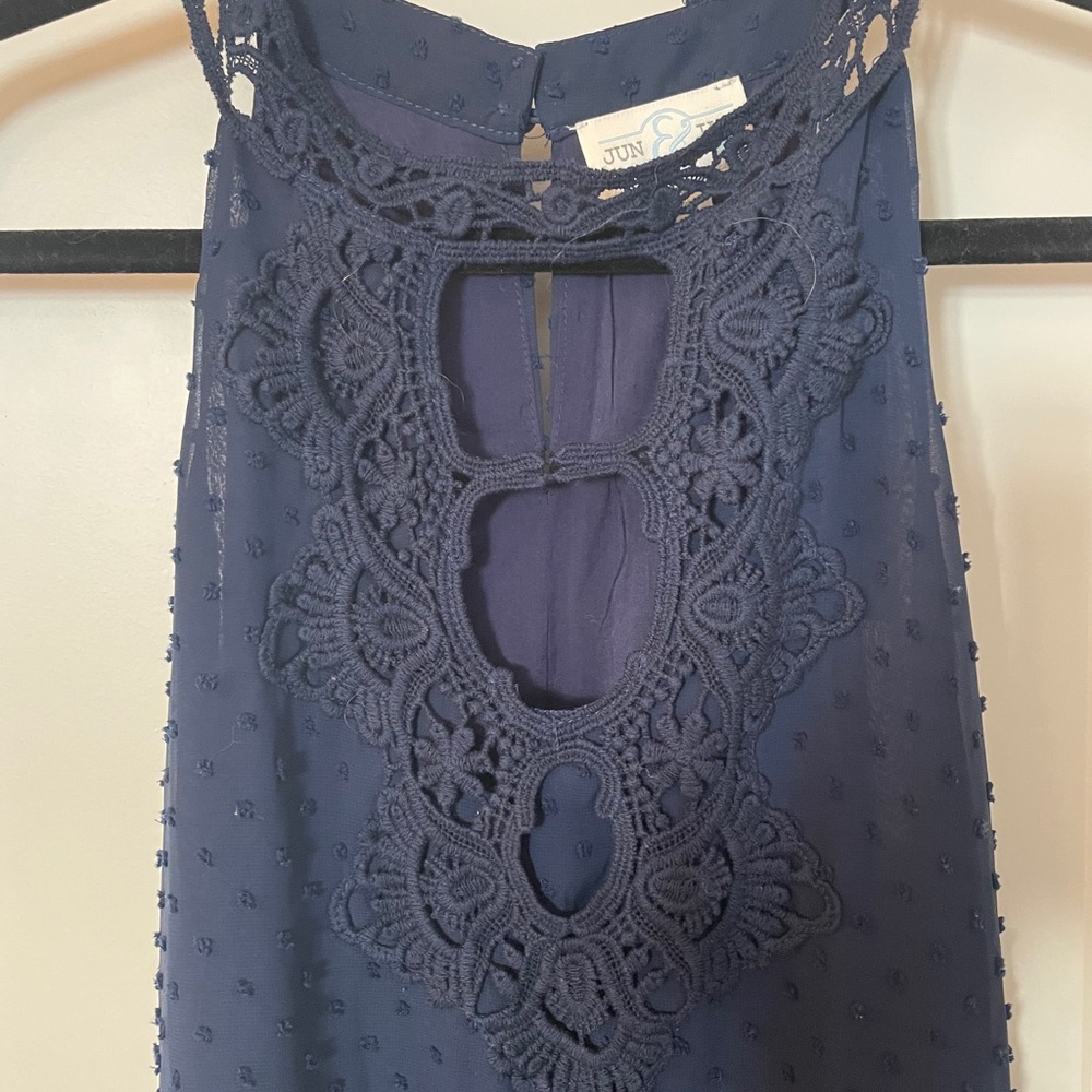 Navy sleeveless halter dress with lace detail